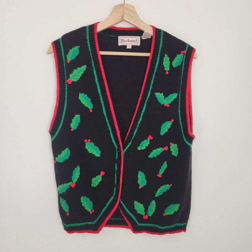 Vintage Bechamel Christmas Holly Sweater Vest LARGE Embroidered Holiday